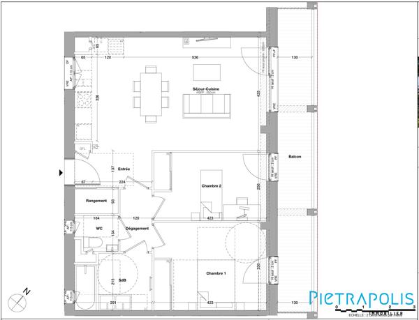 Appartement T3 71 m² - 2 chambres - Balcon environ 15 m²