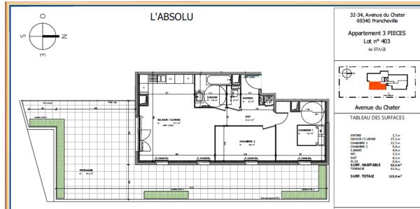 Appartement 3 pièce(s) 2 chambre(s) 62.5 m²