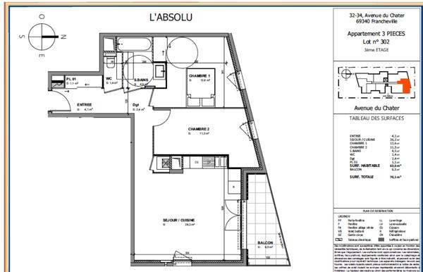 Appartement 3 pièce(s) 2 chambre(s) 63.6 m²
