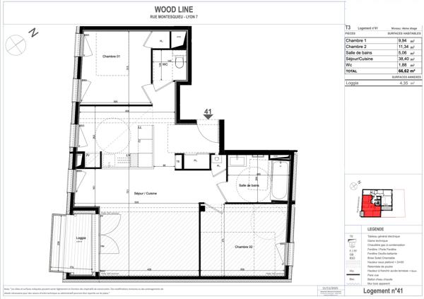 Lyon 7ème - Rue Montesquieu - Appartement de 66,62 m², 2 chambres, Loggia, Cave
