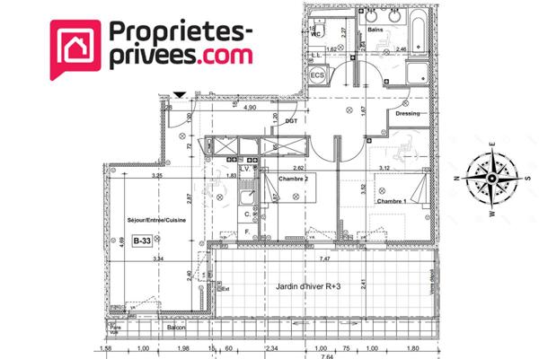 Appartement  3 pièces 66,03 m² Carrez  avec 18 m² de jardin d'hiver et 8 m² de balcon filant