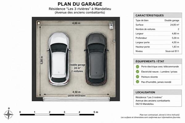 DOUBLE GARAGE FERMÉ  24 m²  MANDELIEU-LA-NAPOULE RÉSIDENCE LES 3 RIVIÈRES