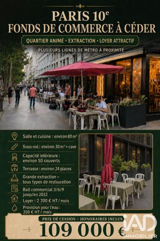 Restaurant à vendre 80 m² Paris 10