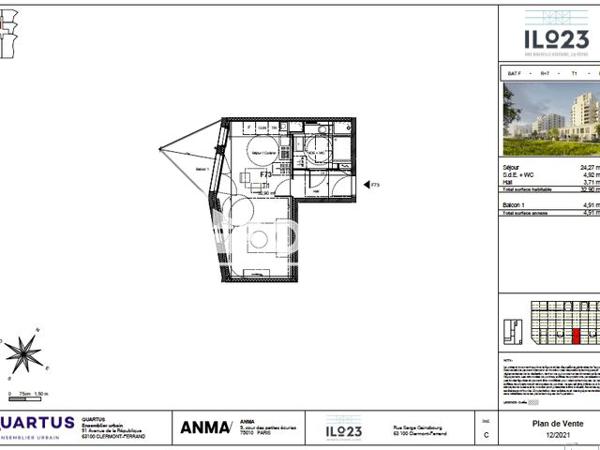 Location Studio 32.9 m² - 44 G RUE CHANTERANNE RESIDENCE ILO 23 BAT APPART F73 Clermont Ferrand 63100