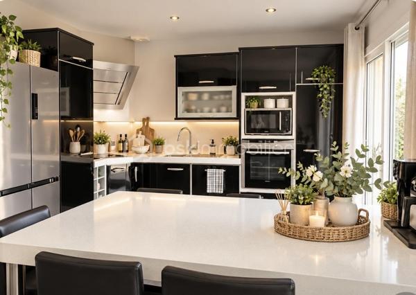 Magnifique grande maison de famille avec vie de plain pied au calme avec école et transports . Entrée grand séjour salon très lumineux  avec poêle a granulés accès directement sur terrasse de 80 m2 exposée plein sud . Cuisine ouverte équipée et aménagée , arrière cuisine. 3 chambres avec dressing sdb et wc . 1 er étage : deux chambres avec dressing sdd et wc . Garage jardin terrasse. En parfait état ! Une visite s impose !