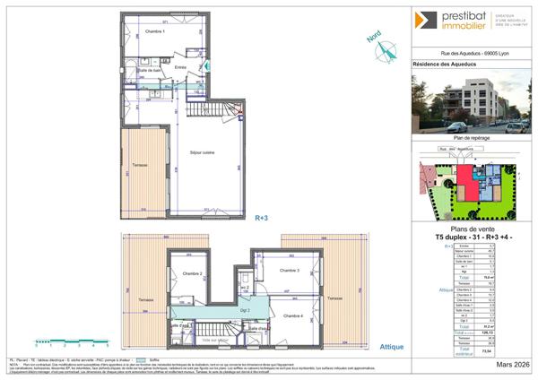 LYON 5EME secteur Aqueducs - Appartement NEUF 5 PIECES de 126.20 m² - 4 chambres + 3 pièces d'eau - 3 TERRASSES