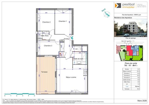LYON 5EME secteur Aqueducs - Appartement T4 NEUF de 76,40 m² - 3 chambres - Avec terrasse