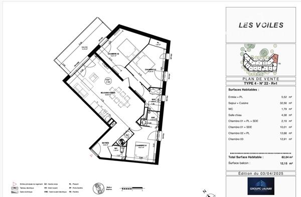 Appartement 4 pièces de 82,04 m2 " Résidence les Voiles" Livraison 2027 FRAIS DE NOTAIRE OFFERT Détails des diagnostics énergétiques