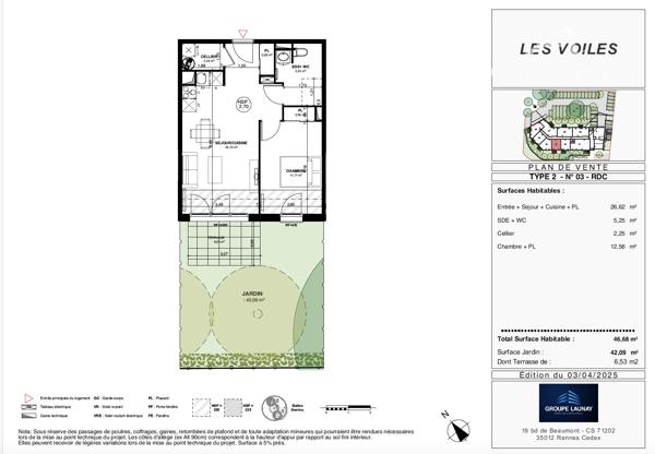 A vendre Appartement T2 de 46,68 m2 Résidence LES VOILES" LIVRAISON 2027 Frais de notaire offert Détails des diagnostics énergétiques