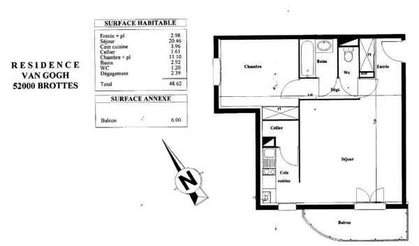 Appartement à louer 2 pièces 48.62m²