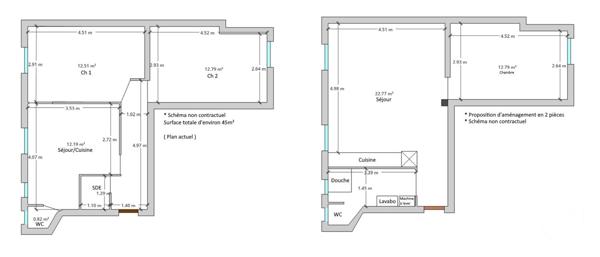 Appartement F3 à vendre  3 pièces - 45,44 m2 PARIS - 75013