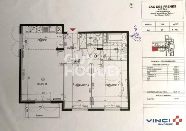 Appartement Montevrain 3 pièce(s) 59.89 m2