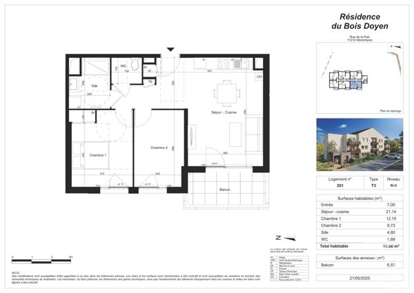 Appartement F3 à vendre  3 pièces - 56,66 m2 MONTCHANIN - 71