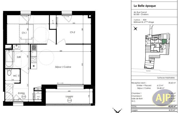 Appartement à vendre Challans - 3 pièces, 60m² avec 2 chambre(s) à 262 000€ - AJP Immobilier Challans
