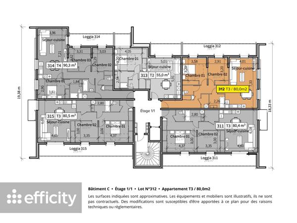 Appartement 3 pièces - 80 m²