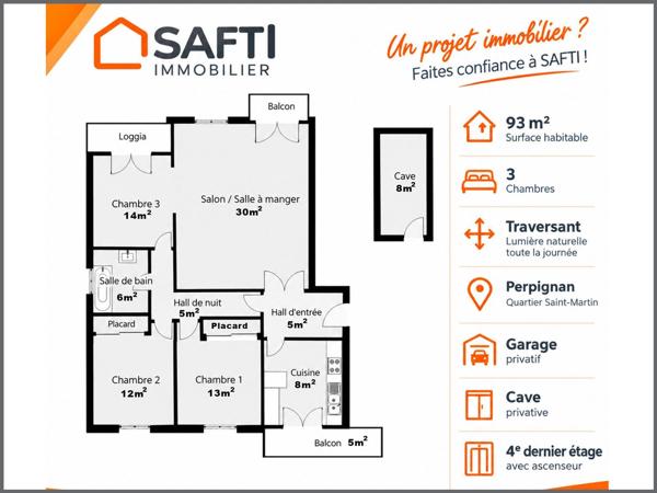 APPARTEMENT T4 TRAVERSANT 93 m² + PARKING + CAVE |  SAINT-MARTIN / PERPIGNAN