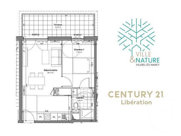 Appartement F2 à vendre  2 pièces - 42,34 m2 VILLERS LES NANCY - 54