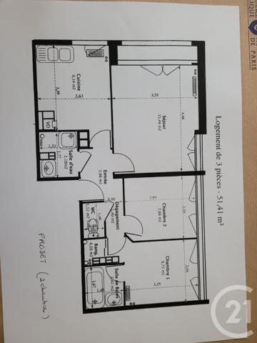 Appartement F3 à vendre  3 pièces - 52,80 m 2   PARIS  - 75017
