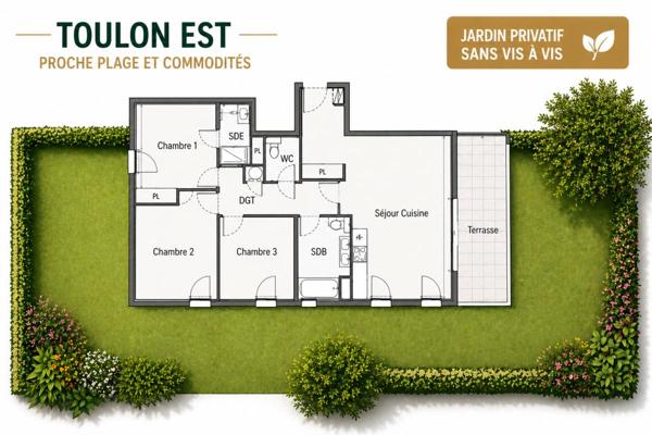 Toulon Cap Brun - Appartement  T4  rez-de-jardin   87.63 m2 neuf