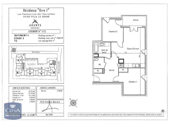Vente appartement 3 pièces de 61m²
