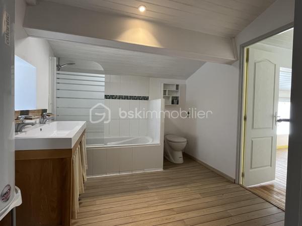 SAINT GEORGES DE DIDONNE  -  ville balnéaire 
Maison à 15 minutes à pied de la plage et des commerces.

Maison offrant une habitation principale de 110 m2 environ, et un studio attenant de 46 m2 environ.
Les deux parties peuvent être réunies pour ne former qu’une seule grande habitation.
Le studio peut également permettre du locatif, accueillir des amis, ou encore exercer une activité professionnelle chez soi.


HABITATION PRINCIPALE :
Rez-de-chaussée avec un grand salon/séjour de 47 m2 ouvrant sur terrasse, une cuisine ouverte, une chambre avec salle d’eau et WC.
Étage offrant une salle de bain, et deux belles chambres de 15 m2 chacune avec parquet massif, dont une avec terrasse.

STUDIO INDÉPENDANT :
salon/séjour ouvrant sur un patio, cuisine ouverte, salle d’eau, WC, une chambre, et une petite pièce pouvant servir de dressing.

EXTÉRIEURS :
Sur le devant, un portail et une place de stationnement sur la parcelle.
Sur l’arrière, un petit jardin arboré, avec un deuxième portail d’accès.


ÉLÉMENTS DE CONFORT :

- Poêle à granulés
- radiateurs électriques à inertie 
- fenêtres oscillo-battantes double vitrage
- 2 terrasses ombragées, un patio intérieur, et une terrasse à l’étage, en plus du jardin.
.