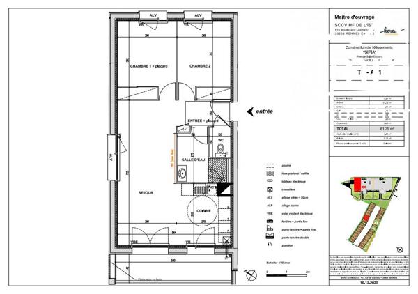 Appartement 3 pièces - 61.35m² - Rue de saint Erblon