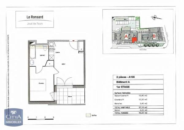 Appartement à louer 2 pièces 37.1m² Joué-lès-Tours (37300)