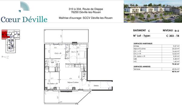 Appartement Deville Les Rouen 4 pièces + terrasses + parking