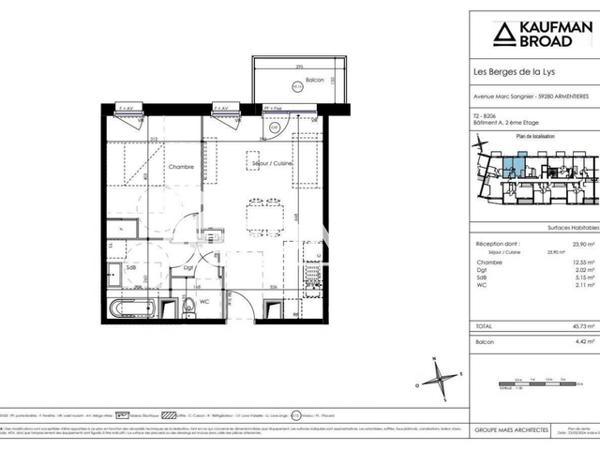 Location Appartement 2 pièces 45.73 m² - RESIDENCE LES BERGES DE LA LYS - 2 AVENUE MARC SANGNIER PORTE B206 Armentieres 59280