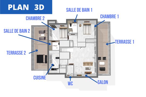 Cannes-lycée Carnot : 4 pièces Roof top traversant et rénové avec 2 grandes terrasses et aperçu mer