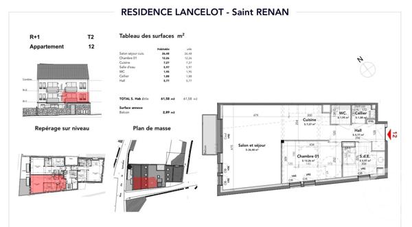 Appartement T2 à vendre  2 pièces - 61,58 m2 ST RENAN - 29