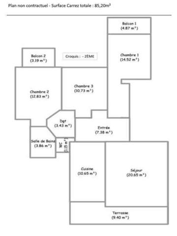 Appartement de 85,2 m² à Annecy-le-Vieux, composé de quatre pièces dont trois chambres.