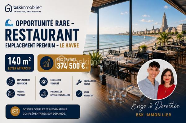 Situé sur le front de mer du Havre, dans un secteur particulièrement recherché, ce restaurant bénéficie d’une visibilité exceptionnelle ainsi que d’un important flux de clientèle locale et touristique.

Exploité avec sérieux depuis plusieurs années, l’établissement profite aujourd’hui d’une excellente réputation et d’un emplacement stratégique à proximité immédiate de la plage. 
Vendu entièrement équipé, il permet une reprise immédiate de l’activité sans travaux ni investissements majeurs.

Capacité d’accueil :
36 places en intérieur
24 places sous pergola bioclimatique
40 places en terrasse
8 places supplémentaires sur la promenade du front de mer

Les atouts de l’établissement :
Licence IV
Terrasse et pergola bioclimatique
Emplacement premium face à la mer
Clientèle locale et touristique fidélisée
Établissement reconnu et exploité avec succès
Cuisine et matériel permettant une reprise immédiate
Possibilités de développement du chiffre d’affaires
Affaire clé en main

Cette affaire conviendra parfaitement à un professionnel de la restauration souhaitant reprendre un établissement bénéficiant déjà d’une clientèle installée, d’une excellente notoriété et d’un emplacement exceptionnel sur le littoral havrais.

Une opportunité rare sur le front de mer du Havre, alliant emplacement, capacité d’accueil et potentiel de développement.

Enzo & Dorothée
BSK Immobilier

📞 Contactez-nous pour découvrir cette belle opportunité !!!!