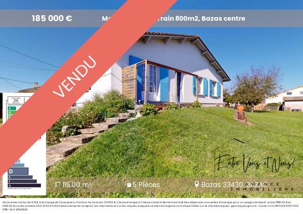 Maison 115m2, terrain 800m2, Bazas centre