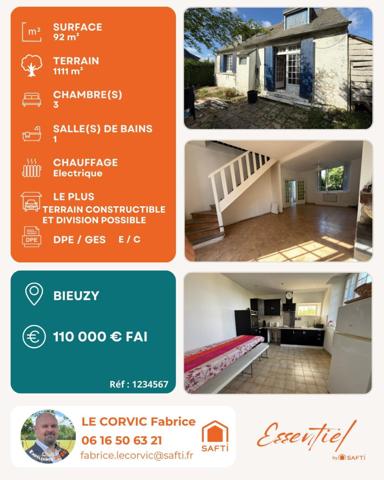 MAISON DE 92 M2 SUR TERRAIN DE 1111 M2 A BIEUZY