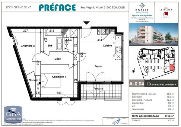 Appartement à louer 3 pièces 57.4m² Toulouse (31200)