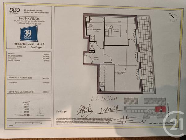 Appartement F2 à vendre  2 pièces - 46,37 m2 CHILLY MAZARIN - 91