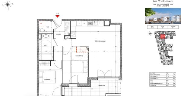 Location Appartement 3 pièces 62.95 m² - Louviers 27400
