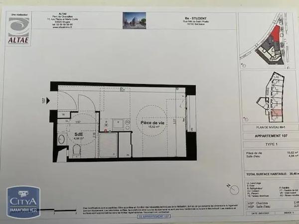 Appartement à louer 1 pièce 20.46m² Bordeaux (33100)