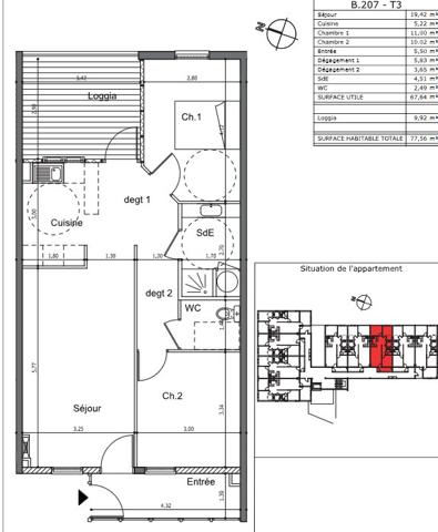 Appartement t3 Secteur Etang Abricot Superficie 67.65 m2