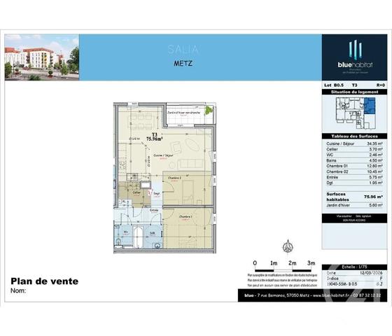 Appartement F3 à vendre  3 pièces - 75,96 m 2   METZ  - 57