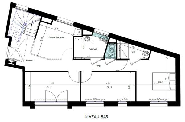 appartement T4 duplex neuf à vendre PARIS 20e, d'une surface hab 103.86 m2 + terrasse 10.42 m2