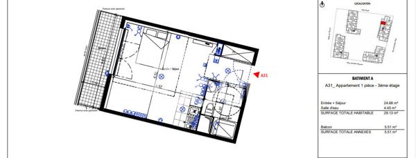 Studio à louer - 29,13 m² - Bondoufle