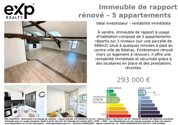 🏢 Immeuble de rapport rénové – 5 appartements – Proche centre-ville de Ribérac