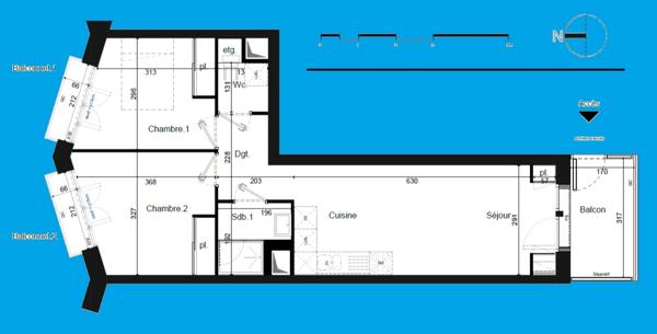 appartement T3 neuf à vendre PARIS 18e, surface hab 49.20 m2 + 3 balcons représentant une surface de 8.2 m2.