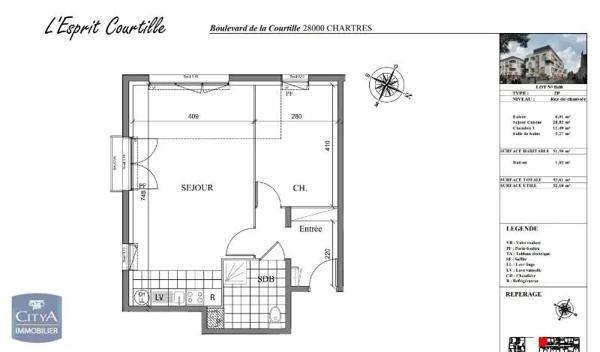 Appartement à louer 2 pièces 52.61m² Chartres (28000)