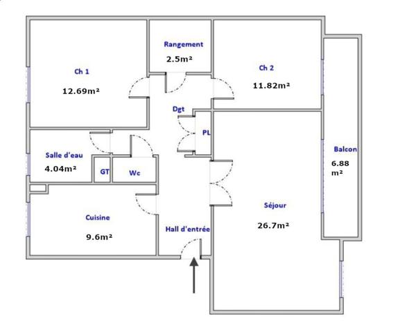 T3 bis traversant avec balcon sans vis-à-vis