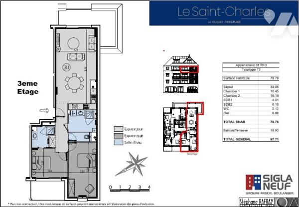 T3 NEUF de 79m² + terrasse SUD/EST et balcon OUEST de 19m² + parking en centre-ville du TOUQUET