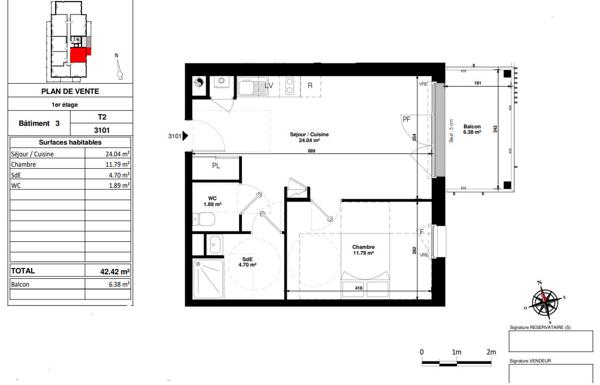 Appartement de type 2 de 42,42m² avec Balcon à proximité immédiate du centre ville de PORNICHET