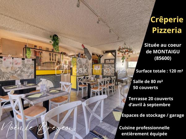 Opportunité rare pour ce fonds de commerce de restauration traditionnelle situé en plein centre de Montaigu-Vendée, à proximité immédiate de tous les commerces à pieds et des zones de stationnement.

Surface totale : 120 m²
Salle de restauration : 80 m², agencée pour 50 couverts
Terrasse : 20 couverts exploitables d’avril à septembre

Espaces de stockage récents et garage
Cuisine professionnelle entièrement équipée
Installation fonctionnelle et bien entretenue

Loyer mensuel : 1 070,77 € TTC
Chiffre d’affaires 2024/2025 : 185 345 €

Les plus : emplacement recherché avec clientèle fidèle et possibilité de changement d’activité

Idéal pour un couple de professionnels souhaitant reprendre une activité clé en main dans un emplacement central.

Pour toutes informations supplémentaires, me contacter au 06 63 61 34 66.
Au plaisir, Noëmie.